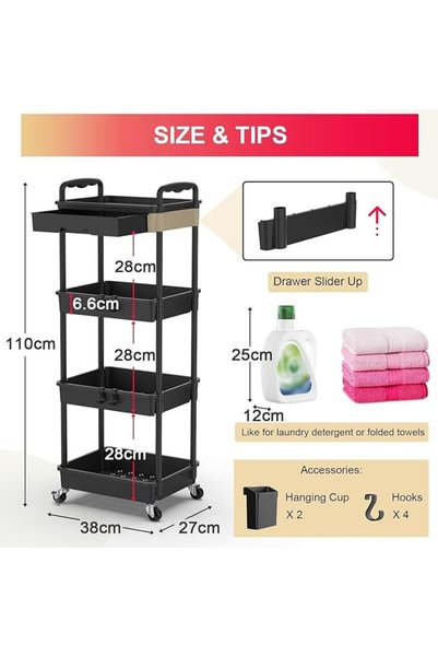 GENERAL Black 3/4-Tier Rolling Storage Trolley with Detachable Drawer, Heavy Duty Organizer Cart with 2 Lock