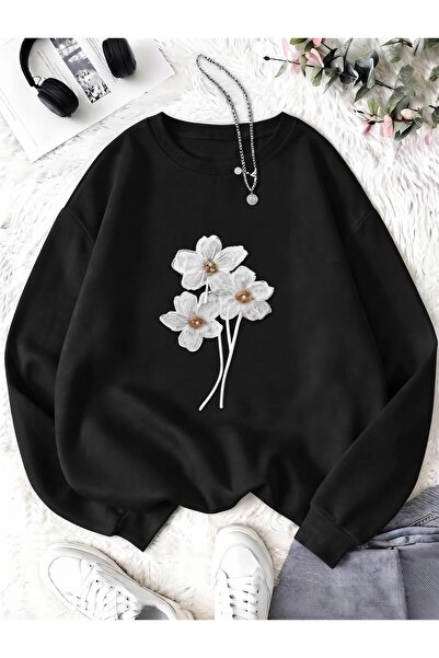 one button 3 piese Hanorac oversize cu imprimeu vertical, cu design Daisy, im...
