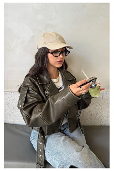 Ekim Store Χακί Δερμάτινο Μπουφάν Oversize με Ζώνη