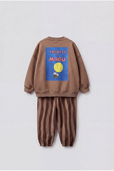 Magu Çocuk Pamuklu And Travel Desenli Kahverengi Sweatshirt ve Çizgili Eşofma...