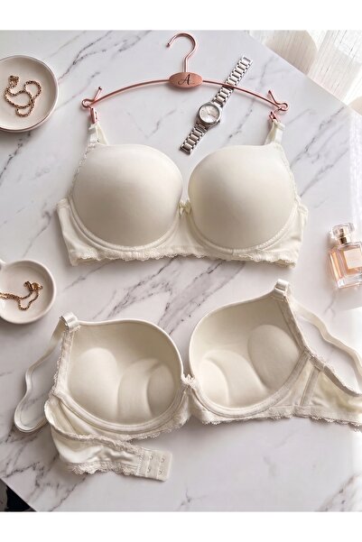 Lavint Homewear Ekru Ultra Push-Up Dantel Detaylı Destekli Balenli Slikonlu S...