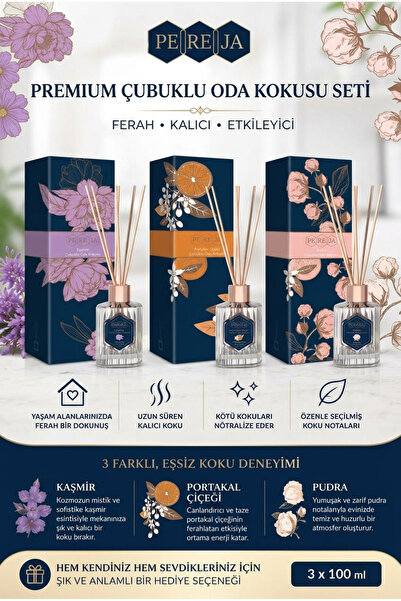Pereja Portakal Pudra Kaşmir Premium Çubuklu Oda Kokusu Seti 3x100 ml