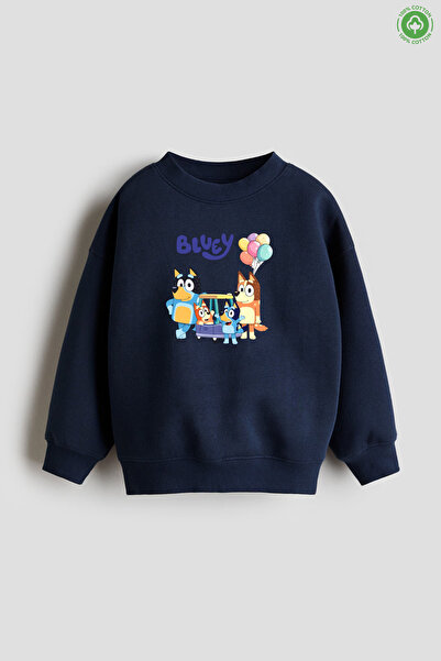 No9Wear Sevimli Karakter Bluey Basklı Unisex Çocuk Sweatshirt %100 Pamuk 4-14...