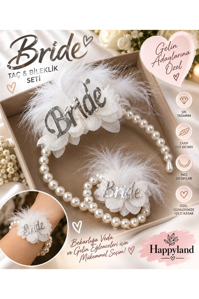Happyland Bride to Be White Feathered Silver Detailed Pearl Crown and Bracele...