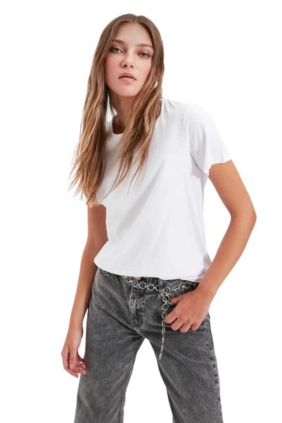 Mor Mürekkep Tricou de damă alb cu decolteu rotund Basic, cu imprimeu, tricou...