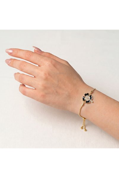 xRanya Gold Plated Black Enamel Zircon Stone Four-Leaf Clover Women's Bracele...