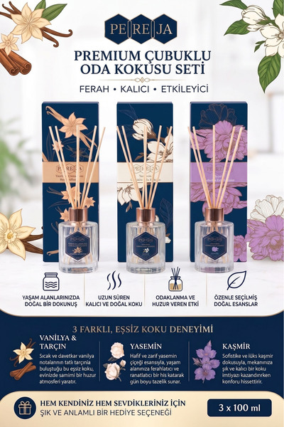 Pereja Premium Çubuklu Oda Kokusu Seti Vanilya Yasemin Kaşmir 3x100 ml