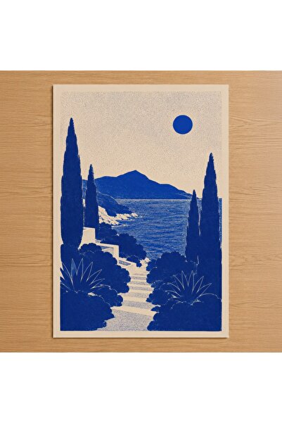 Kobalt Mavi Bej Akdeniz Manzarası Minimalist Poster