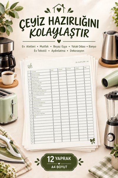 Organik Yolda Çeyiz İçin Alınacaklar Listesi 12 Yaprak | Çeyiz Listesi | Gelin Çeyiz Kontrol Listesi | Ev İhtiyaç Listesi