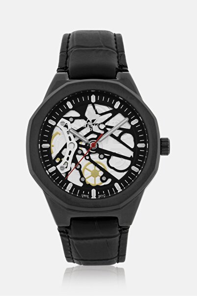 American Polo Men APBKBK119G Genuine Leather Analog Watch 42 mm, Black