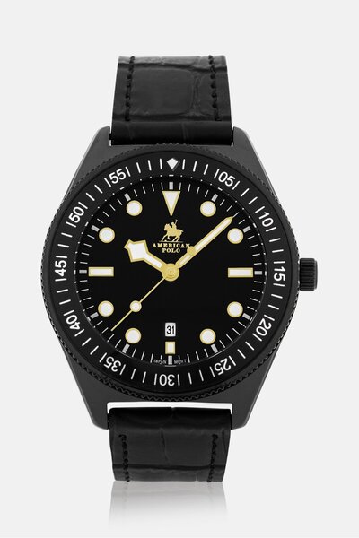 American Polo Men APBKBK117G Genuine Leather Analog Watch 41 mm, Black