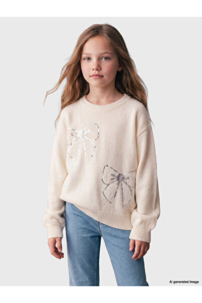 LC Waikiki Vizyon New Season Ecru Crew Neck Girls' Knitwear Sweater