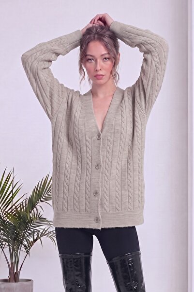 zks grup tekstil Women's Cardigan V-Neck Hair Knit Patterned Buttoned Knitwea...