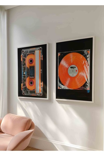 Buka Shops Turuncu Plak ve Turuncu Kaset 2'li Tablo Seti Retro Müzik – Çerçeveli
