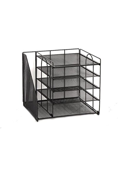Generic 5-layer mesh office desk organizer, black metal file rack with side b...