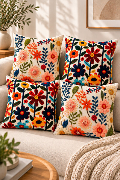 Bumedo Set of 4 Floral Decorative Throw Pillow Covers 43X43 Cm, 3D Effect Dig...