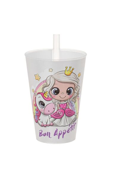 OEM Pahar din Plastic Alb cu Pai Incorporat Printesa Unicorn 400ml