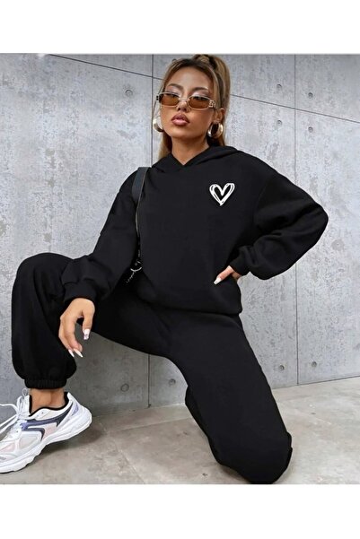 luci sports Σετ φόρμας Unisex Oversize Minimal Heart Printed Μαύρη
