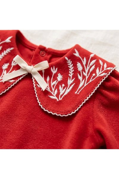Luna Kids Store Baby Girl Long Sleeve Embroidered Collared Bonnel Romper Red