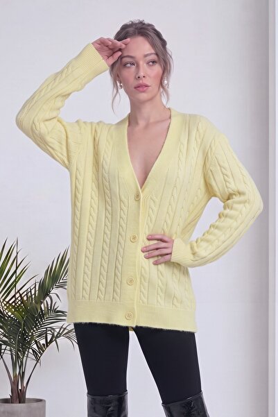 zks grup tekstil Women's Cardigan V-Neck Hair Knit Patterned Buttoned Knitwea...