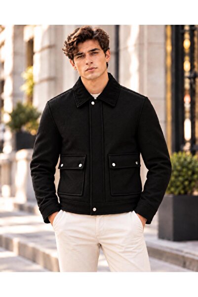 Vesli Men's Black Premium Cashmere Coat – Contrast Velvet Collar, Zipper and ...