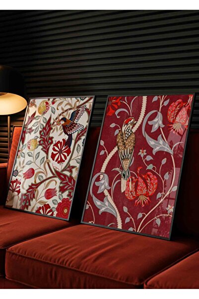 Buka Shops Nar Kuşu ve Bordo Şahin 2'li Tablo Seti Vintage Botanik Kuş – Çerç...