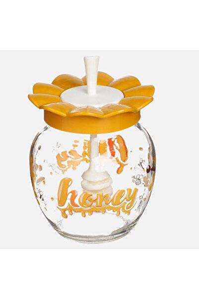 OEM Recipient din Sticla cu Capac Floare Galbena & Lingura pentru Miere 370ml