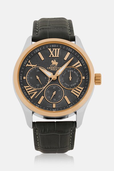 American Polo Men APTTRGGY108G Leather Analog Watch 48mm, Grey