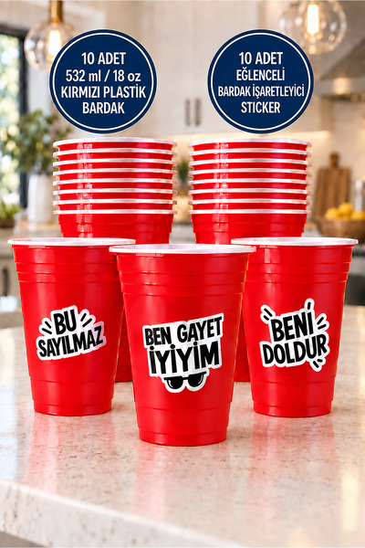Arbolos Kırmızı Plastik Kokteyl Soğuk İçecek Parti Bardağı 532 ml/18 oz 10 Ad...