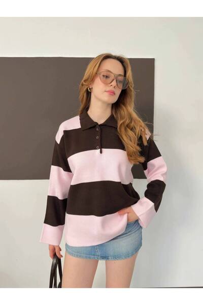 Lamierra Collared Thick Line Patterned Knitwear Sweater