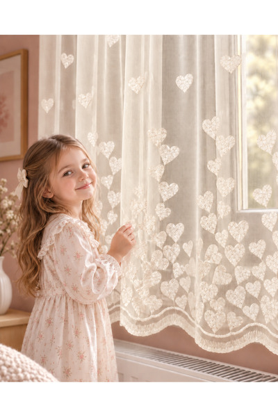 Yuka Glittery Heart Patterned Knitted Tulle Girls' Room Cream Medium Pleated ...