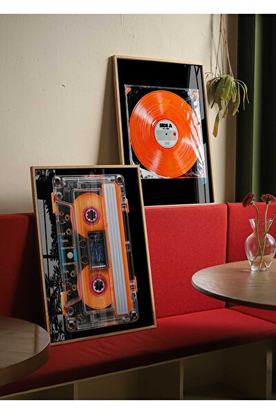 Buka Shops Turuncu Plak ve Turuncu Kaset 2'li Tablo Seti Retro Müzik – Çerçeveli