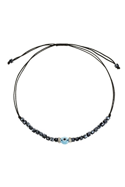 OEM Bratara Neagra cu Ochi Turcoaz Strass & Margele Albastre