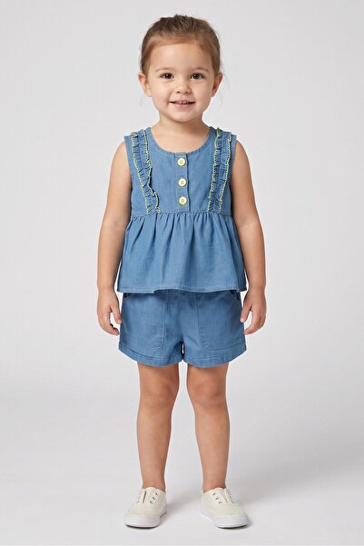 Penelope Mack Toddlers Girl 2 Pcs Embroidered Dress With Shorts Set, Light Blue