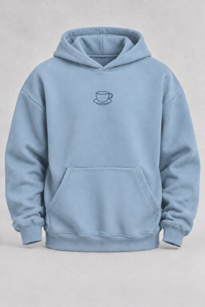 EVIus Oversize Minimalist Coffee Cup Printed Hooded Baby Blue Sweatshirt