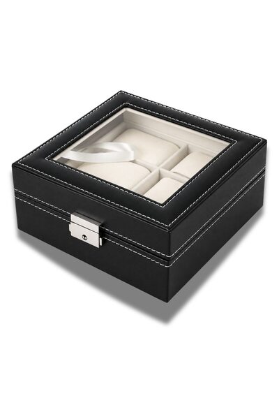 OEM Cutie pentru 6 ceasuri, Organizator premium cu capac transparent, Interior crem, Închidere metalică, Negru, 18 x 17,3 x 8 cm