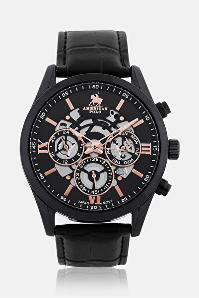 American Polo Men APBKBK112G Genuine Leather Analog Watch 43 mm, Black