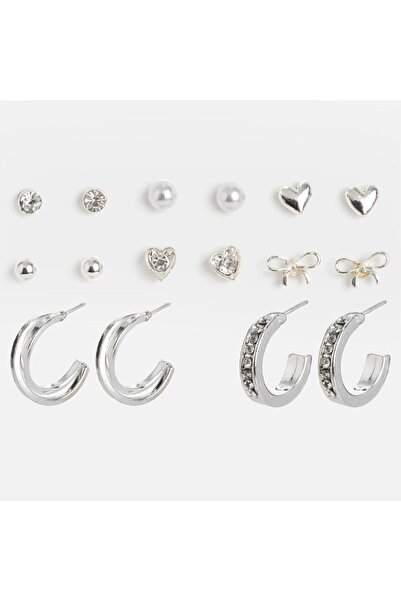 OEM Women's Silver Color Hearts Rhinestone Beads Earrings for Women - 8 pairs