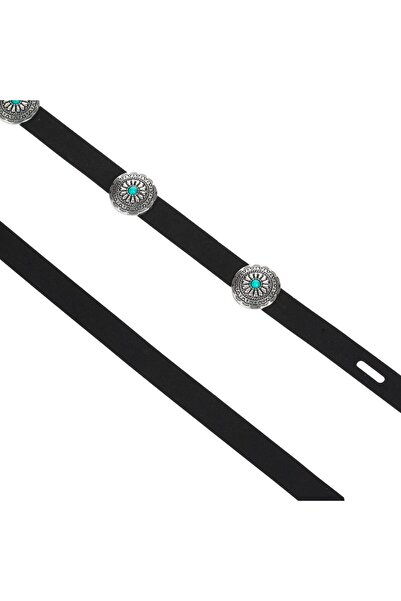 OEM Curea Neagra cu Discuri Argintii & Pietre Turcoaz pentru Femei 115cm