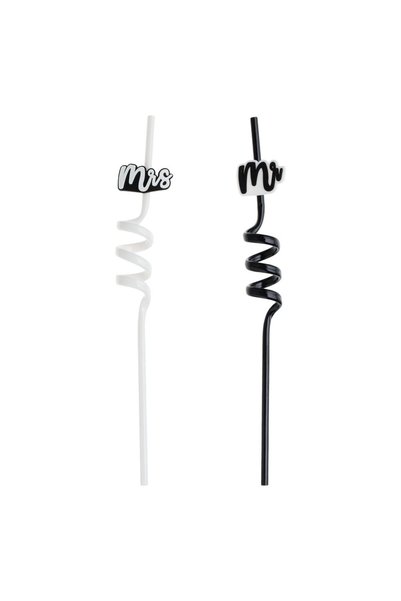 OEM Paie Reutilizabile Rasucite din Plastic Mr & Mrs Alb Negru Ø6x270mm - 2buc