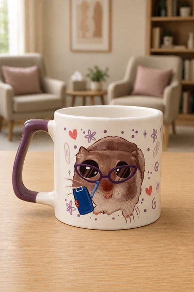 Mor Mürekkep Sad Üzgün Hamster Meslek: Psikolog Baskılı Mor Kulplu Prime Kupa...
