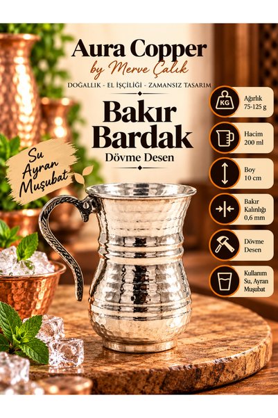 AURA COPPER Bakır Ayran Tası ve Bardak 200 ml Dövme Kulplu