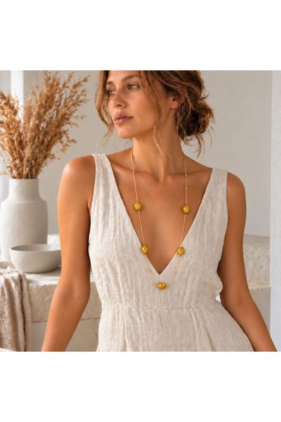 BIJUTERI Kly-1071 Yellow Jade Natural Stone Long Necklace with Gold Chain |   Eos Collective