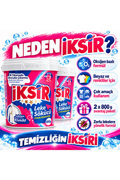 IKSIR Oksijen Bazlı Çok Amaçlı Toz Leke Çıkarıcı 2 x 800 g – 1.600 g Avantaj Paketi – Beyaz ve Renkliler İçin