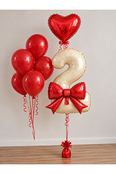 MERİ PARTİ Red Bow Birthday Balloon Set |   Number Foil Balloon, Red Heart an...