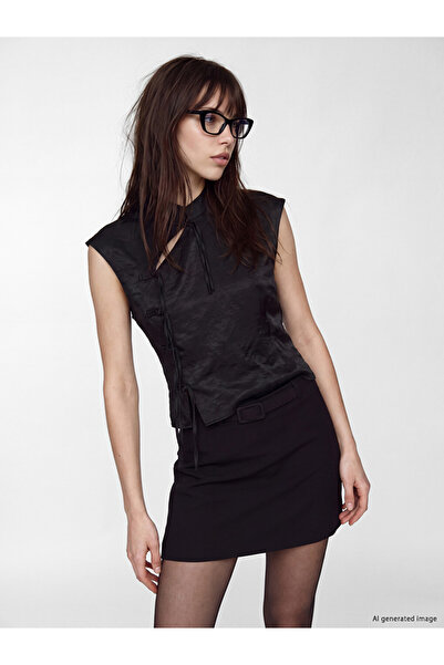 LC Waikiki Vizyon New Season Black Satin Blouse with Decorative Buttons and J...