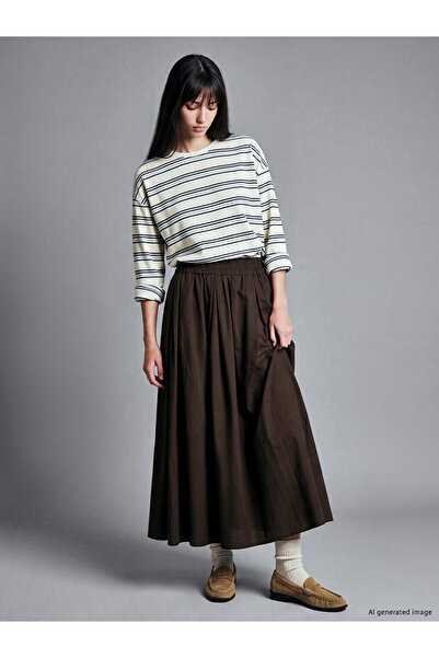 LC Waikiki Özmarka New Season Brown Flared Skirt with Elastic Waist, 100% Cotton