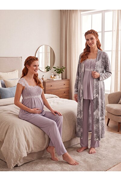 Lohussa New Season Gray Patterned Breastfeeding-Friendly Design Lace Detailed...