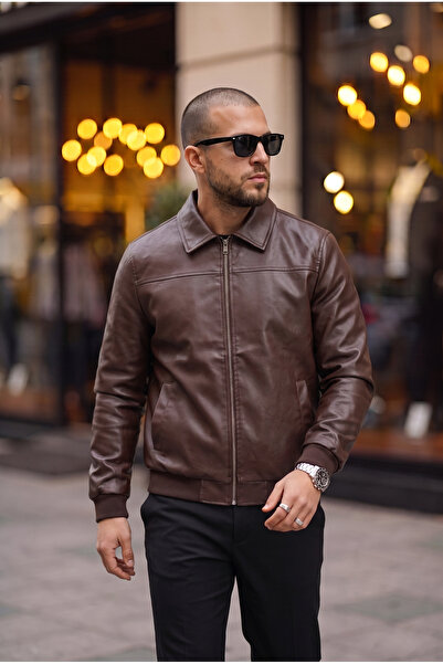 BASEL.CO Basic Slim Fit Polo Collar Leather Jacket