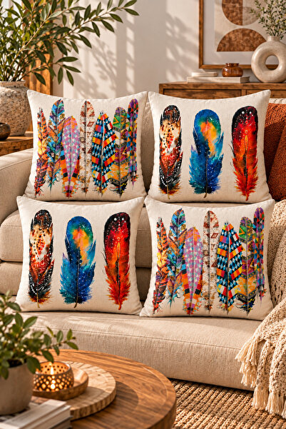 Bumedo Set of 4 Bohemian Ethnic Feather Motif Decorative Throw Pillow Covers ...